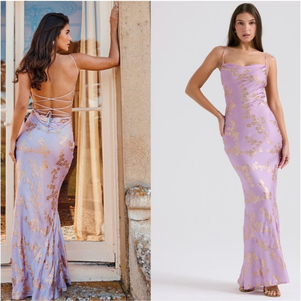 House of CB Capriana orchid Jacquard Satin Gown